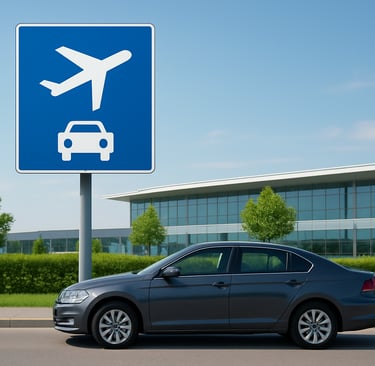 A car parked near an airport sign, representing patient pickup and drop-off service.