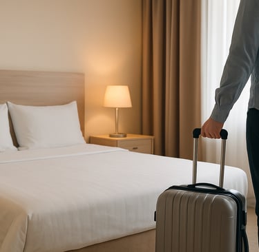 A traveler entering a hotel room with a suitcase, showing arranged patient accommodation.