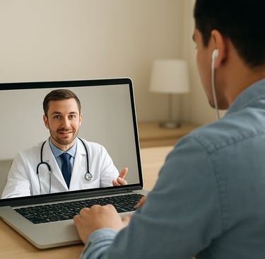 A patient on a video call with a doctor through a laptop for telemedicine support.