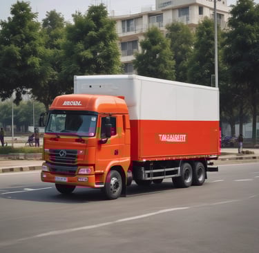 Delivery truck branded with 'shiv marketing' heading out on the road under clear skies.