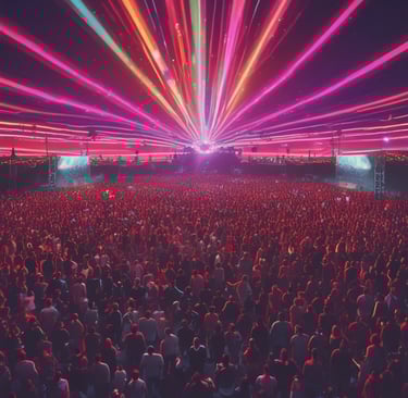 A vibrant crowd dancing under neon blue and orange lights at a Recharge Events trance party.