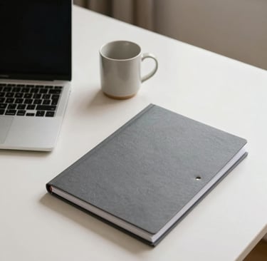 A high-angle, minimalist photograph of a clean, organized North American home office desk featuring a laptop, a simple ceramic mug, and a neatly stacked folder with a slate grey cover. The lighting is soft and natural, emphasizing a calm and serious work environment in shades of off-white and charcoal.