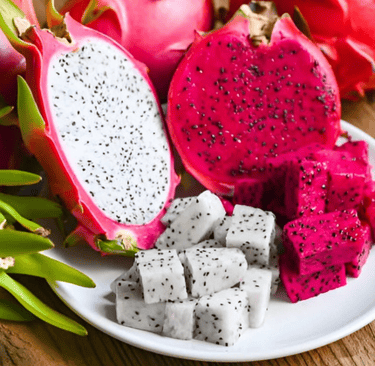 Fresh red and white dragon fruit sliced into halves and cubes on a white plate.