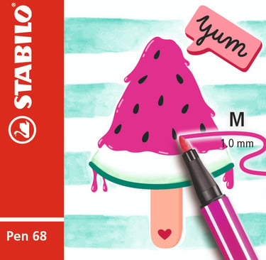Stabilo Pen 68 fiber-tip pen drawing a pink watermelon popsicle with a medium 1.0 mm tip.