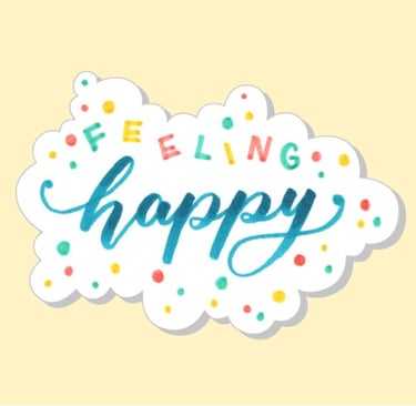 Watercolor feeling happy sticker with colorful confetti dots and blue script lettering.