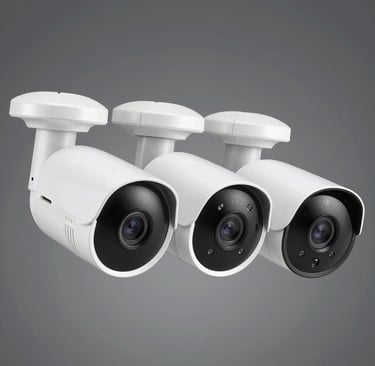 a group of three cameras sitting on top of a table