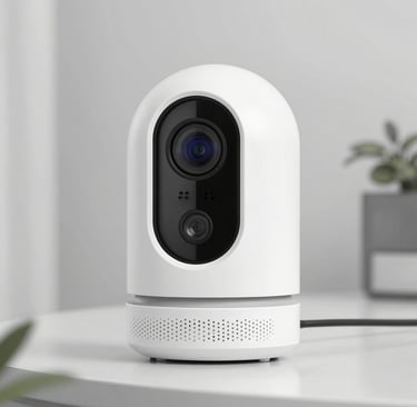 Close-up of an orange robot's face with blue eyes