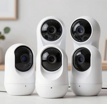 Three small white cameras sitting on top of a table