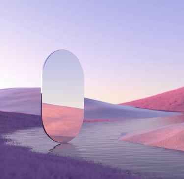 An oval mirror stands upright in a futuristic pastel desert - Know Thyself Tarot Reading