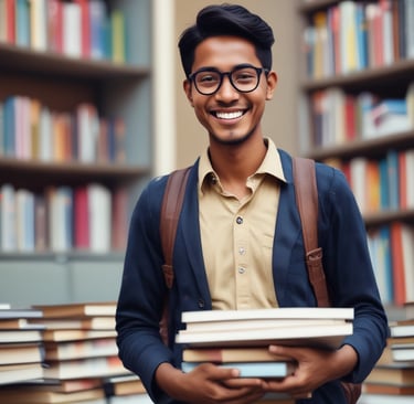 A smiling student standing in front of a famous Japanese landmark, excited for their studies.