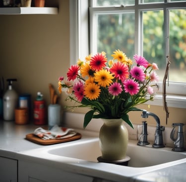 A bright and airy living room corner decorated with potted plants and soft beige textiles.