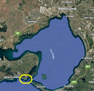 A satellite view of Port Phillip Bay in Victoria with a yellow outline to show Point Lonsdale