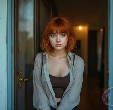 ai generated image of fictional character Claudie by Ophelio, waiting in front of her door