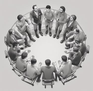 A warm group of diverse individuals sitting in a circle engaged in a heartfelt conversation inside a bright community room.