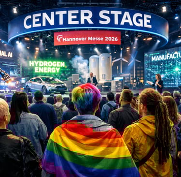 Crowd at Hannover Messe 2026 industrial fair center stage featuring hydrogen energy and industrial AI displays.