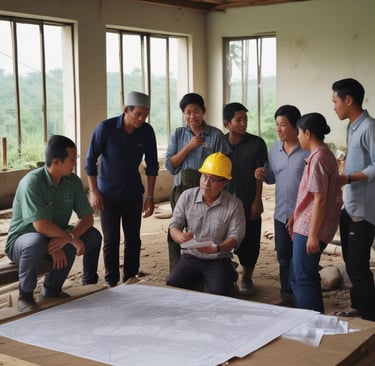 Professional consultants discussing land maps and documents in office