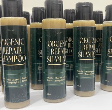 Orgena Organic Repair Shampoo bottles with botanical formula for long and strong silky hair.