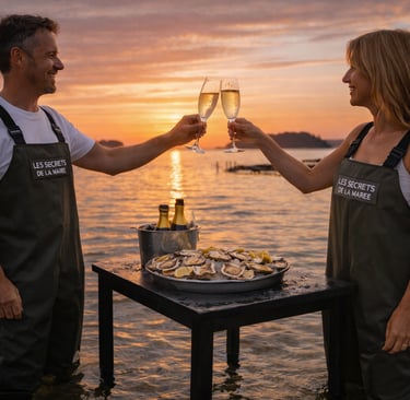couple dégustant des huîtres et trinquant au champagne au coucher de soleil dans un cadre d’ostréicu