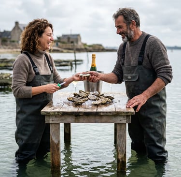 moment de dégustation d’huîtres et champagne à marée basse dans un cadre ostréicole naturel
