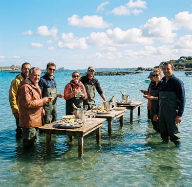 petit groupe participant à une expérience d’ostréiculture immersive dans les parcs à huîtres bretons