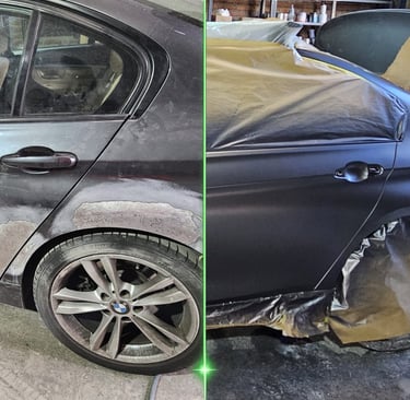 Antes y después de pintura automotriz en parachoques, reparación estética realizada por AutoClinic