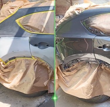 Antes y después de desabolladura y pintura automotriz en panel lateral de vehículo, reparación estét