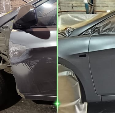 Antes y después de desabolladura y pintura automotriz en panel lateral de vehículo, reparación estét