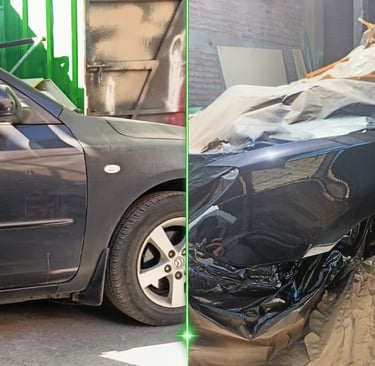 Antes y después de desabolladura y pintura automotriz en panel lateral de vehículo, reparación estét