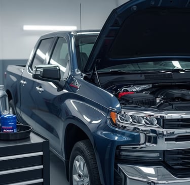 2019 Silverado 5.3 oil capacity engine bay with full synthetic motor oil during oil change