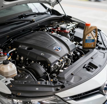 Toyota Camry engine with oil bottle showing correct oil type