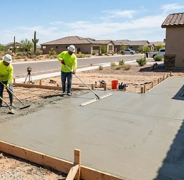 professional concrete crew smoothing a residential concrete slab in Buckeye, Arizona