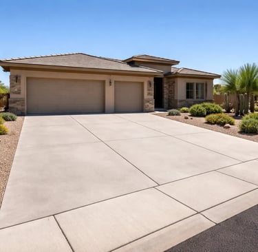 wide concrete residential driveway leading to a three-car garage at a single-story stucco home in Buckeye, Arizona