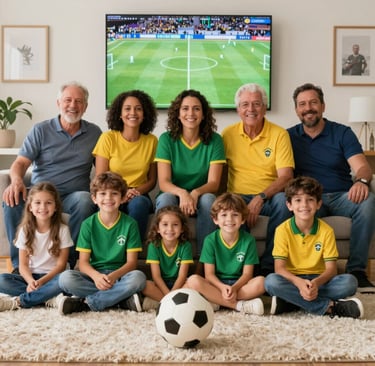 A cozy family moment capturing a child’s joyful expression while watching a soccer match at home.