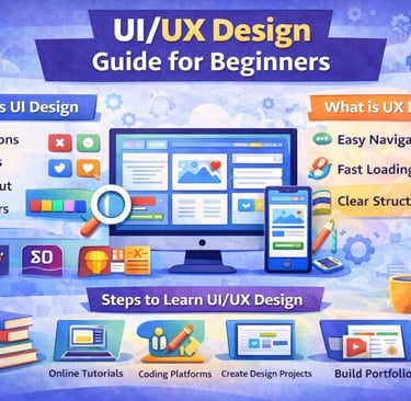 Infographic explaining UI/UX design for beginners including UI elements like buttons, icons, layout,