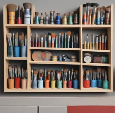 Close-up of vibrant paint cans with brushes ready for use