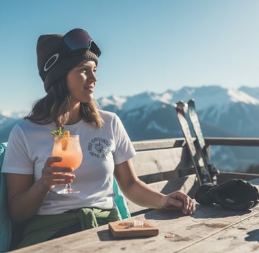 Après-ski mountain lifestyle featuring Dead Cold ski brand t-shirt