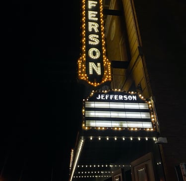 A LED signage outside of the Jefferson Theatre lighting up the night sky in Beaumont, Texas.