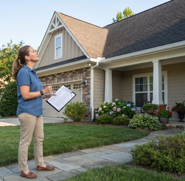 Homeowner standing outside a well‑kept suburban house, holding a clipboard checklist