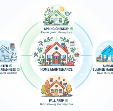 Illustrated hero image showing four small house icons for spring, summer, fall, winter