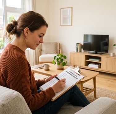 A first-time homeowner reviewing a home maintenance checklist inside a new living room