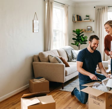 First-time homeowners unpacking boxes in a bright living room, one person holding a checklist 