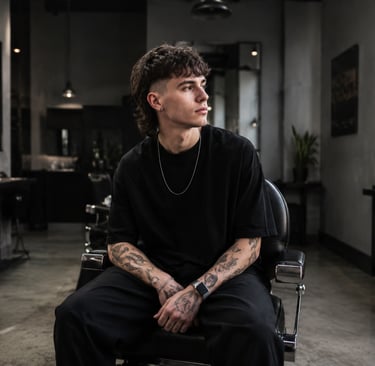 Modern mullet haircut at Werkroom Barbershop in Southsea, Portsmouth, styled by professional barber