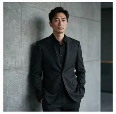 A cinematic medium shot of an actor posed against a minimalist concrete wall with soft, diffused side lighting. The scene uses a palette of #333333 and #A8A8A8 to create a sophisticated, modern aesthetic. The atmosphere is professional and evokes a still from an international festival film.