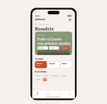 DESPEJHA app mockup - interfaz de planificación de comidas personalizada