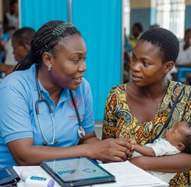 Dr attending to a mother during free medical outreach.