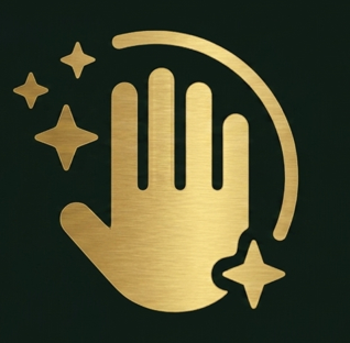Golden hand icon with sparkling stars and a circular halo on a dark background.