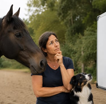 A pensive woman standing with a brown horse and an Australian Shepherd dog looking at a question mark on a whiteboard.