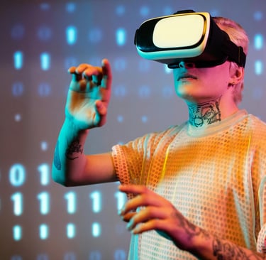 Une personne tatouée, portant un casque VR, interagit avec un affichage en code binaire