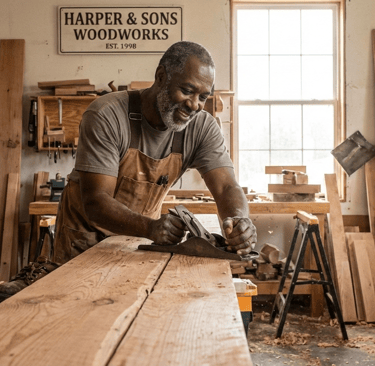 A small business owner, who owns a carpentry shop doing working