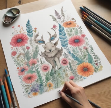 A cozy workspace with colorful whimsical clip art sketches scattered around a wooden desk.